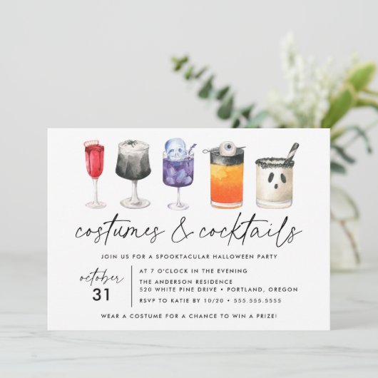 Waterverf Kostuums en Cocktails Halloween Party Kaart (Staand voorkant)
