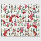 Waterverf Kousen Kerstbomen Cadeaupapier (Vlak)