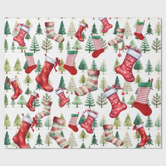 Waterverf Kousen Kerstbomen Cadeaupapier (Vlak)