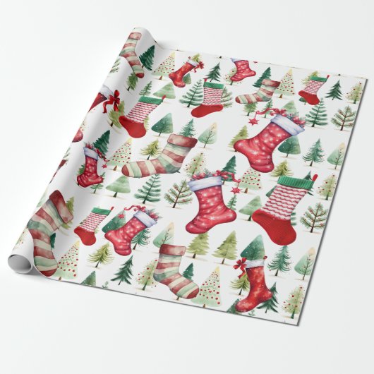 Waterverf Kousen Kerstbomen Cadeaupapier (Uitgerold)