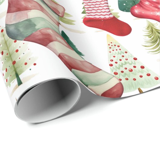 Waterverf Kousen Kerstbomen Cadeaupapier (Rol Hoek)