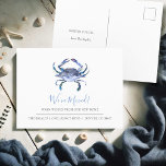 Waterverf Krab Bewegende Aankondiging Briefkaarten<br><div class="desc">Deze ontroerende aankondigings briefkaarten zijn voorzien van een unieke waterverf krab in de kleuren blauw, ideaal voor het delen van uw nieuwe kustadres. De voorkant toont "We've Moved" in een elegant handgeschreven script, terwijl de achterkant ruimte biedt voor uw persoonlijke bewegende aankondigingsdetails. Eenvoudig aan te passen met onze bewegende aankondigings-sjablonen...</div>