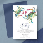 Waterverf krab kook 60e verjaardagsuitnodiging kaart<br><div class="desc">Vertel het de krabboil 60th Birthday lijst je evenementendetails met een bovenste boarder van blauwe waterverf krabben in verschillende tinten. Een passend blauw kleurt de rug van uw uitnodiging. Een smakelijke maar moderne keuze voor je feest- of strandfeest. Woorden kunnen worden gewijzigd in 50th, 70th, 80th, Cheers tot 60 Years...</div>