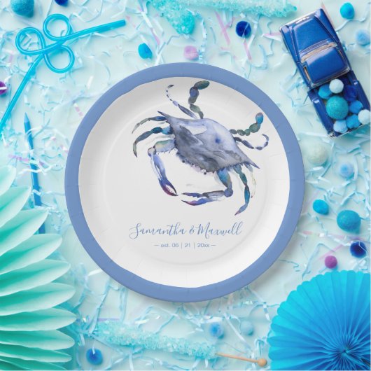 Waterverf krab stoffig blauw strand bruiloft papieren bordje (Feest)