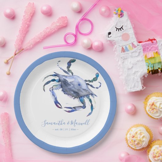 Waterverf krab stoffig blauw strand bruiloft papieren bordje (Feest)