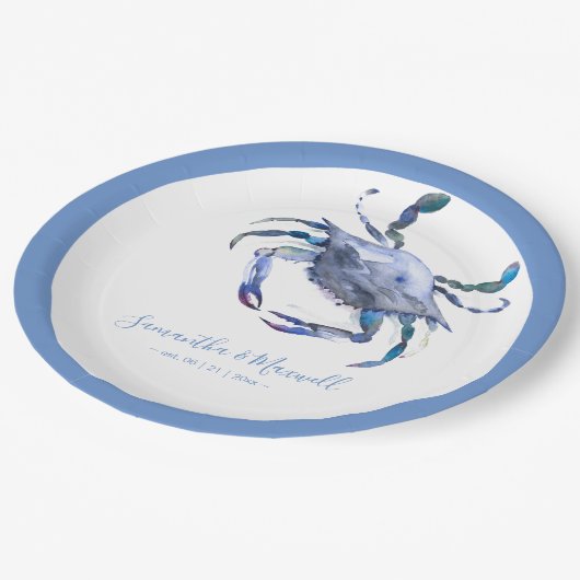 Waterverf krab stoffig blauw strand bruiloft papieren bordje (Gekanteld)