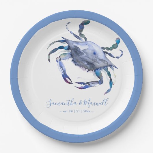 Waterverf krab stoffig blauw strand bruiloft papieren bordje (Voorkant)