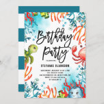 Waterverf krachtens de Zee Friends Birthday Party Kaart<br><div class="desc">Nodig familie en vrienden uit voor dit evenement in het kader van de uitnodiging van het zee-thema Kinderen voor hun verjaardag. Het bevat illustraties van de waterverf van een schattige schildpad, krab, walvis en kleurrijke koralen. Deze uitnodiging van het zee is perfect voor strand- en zomerverjaardagen. Personaliseer door namen, datum,...</div>