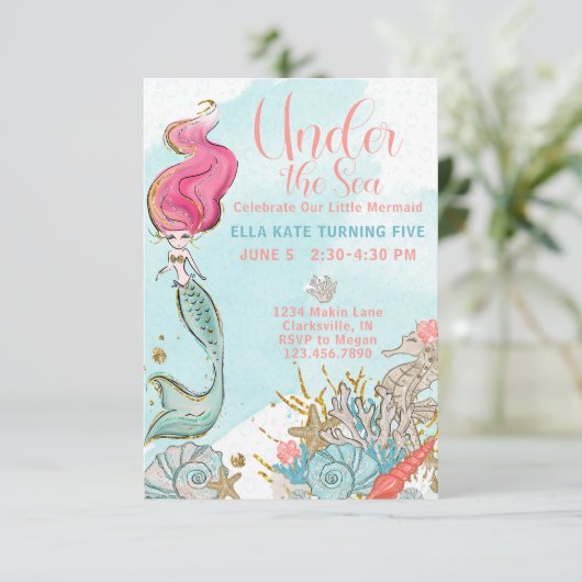 Waterverf krachtens de Zee Zeemeermin Birthday Par Kaart (Staand voorkant)