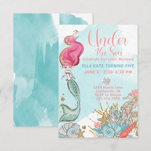 Waterverf krachtens de Zee Zeemeermin Birthday Par Kaart (Voorkant / Achterkant)