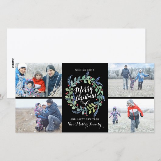 Waterverf Krans 4 Foto Vakantie Zwart Feestdagenkaart (Voorkant / Achterkant)