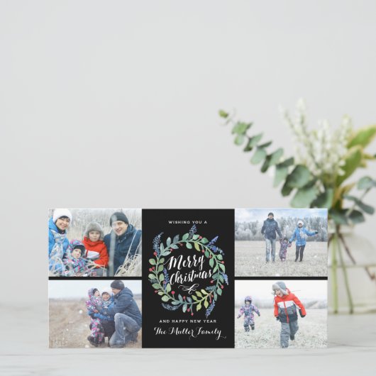 Waterverf Krans 4 Foto Vakantie Zwart Feestdagenkaart (Staand voorkant)