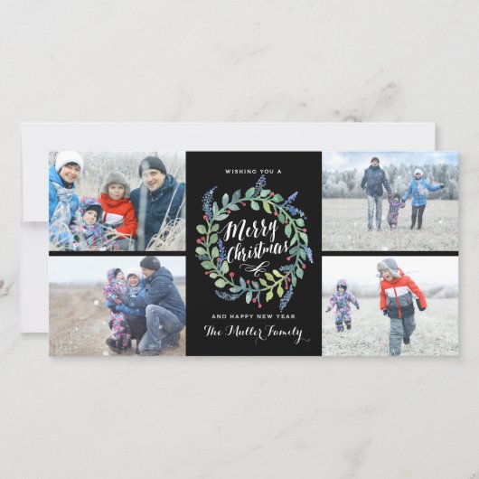 Waterverf Krans 4 Foto Vakantie Zwart Feestdagenkaart (Voorkant)