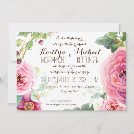 Waterverf krans blad tak bessen Roos pioen Kaart (Voorkant)