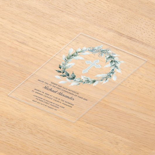 Waterverf Krans Blauw Kruis Eerste Communie Acryl Uitnodigingen (Laagn)