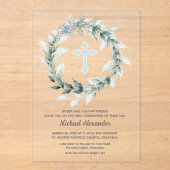 Waterverf Krans Blauw Kruis Eerste Communie Acryl Uitnodigingen (Voorkant)