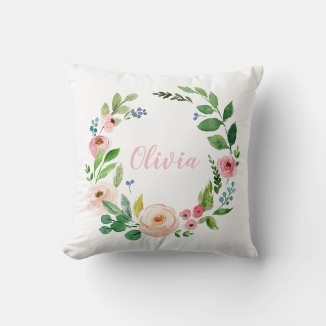 Waterverf krans blush roze gepersonaliseerd kussen (Voorkant)