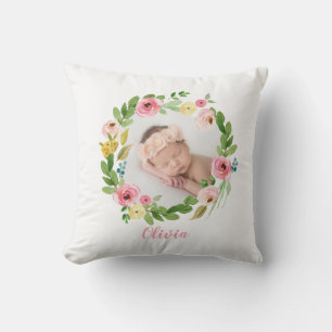 Waterverf krans blush roze gepersonaliseerde foto kussen