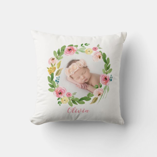 Waterverf krans blush roze gepersonaliseerde foto kussen (Voorkant)