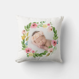 Waterverf krans blush roze gepersonaliseerde foto kussen