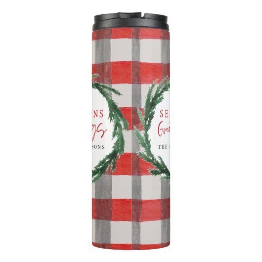 Waterverf krans en check kerstcadeau thermosbeker (Achterkant)