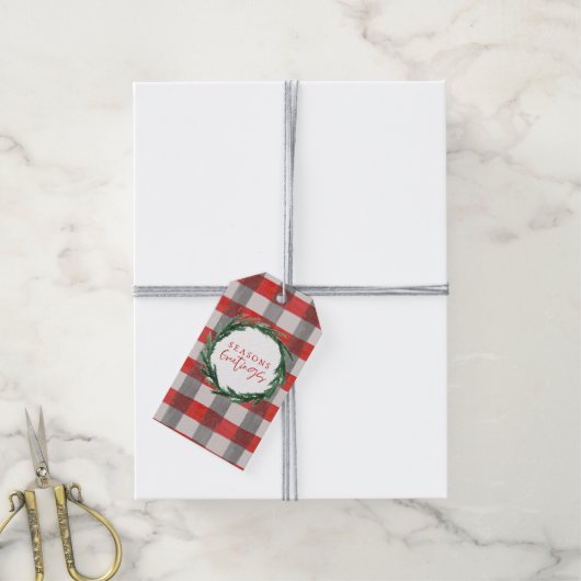 Waterverf krans en check kerstvakantie cadeaulabel (Met Touw)