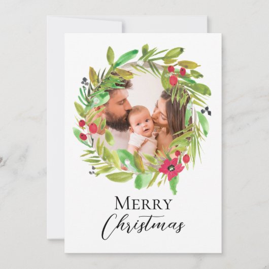 Waterverf krans Familiefoto Vrolijk kerstfeest Feestdagenkaart (Voorkant)