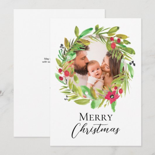 Waterverf krans Familiefoto Vrolijk kerstfeest Feestdagenkaart (Voorkant / Achterkant)