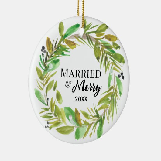 Waterverf krans Foto Getrouwd en vrolijk Keramisch Ornament (Rechts)