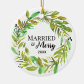 Waterverf krans Foto Getrouwd en vrolijk Keramisch Ornament (Voorkant)