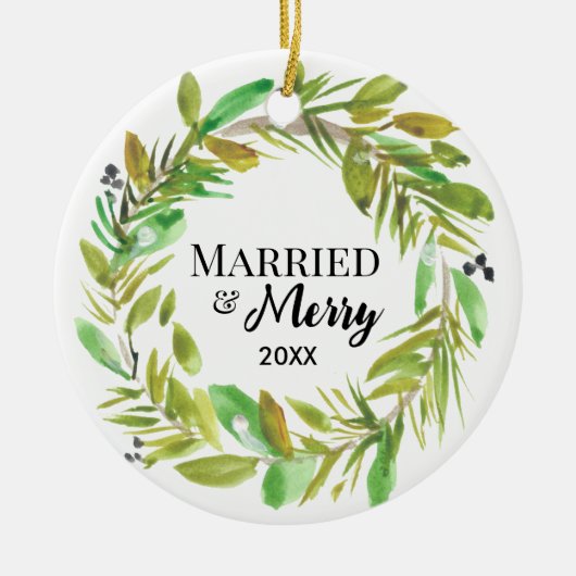 Waterverf krans Foto Getrouwd en vrolijk Keramisch Ornament (Voorkant)