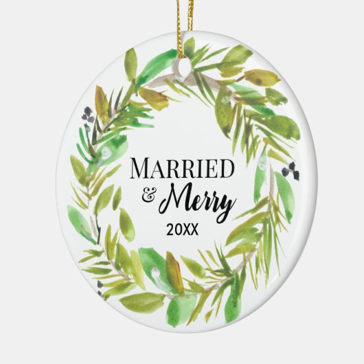 Waterverf krans Foto Getrouwd en vrolijk Keramisch Ornament (Links)