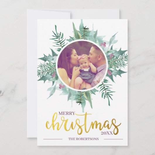 Waterverf Krans Foto Goud Vrolijk Kerstfeest Feestdagenkaart (Voorkant)
