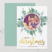 Waterverf Krans Foto Goud Vrolijk Kerstfeest Feestdagenkaart (Voorkant / Achterkant)