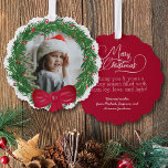 Waterverf krans foto Lijst Vrolijk kerstfeest Ornament Kaart<br><div class="desc">Deze prachtige ornamenten kaarten zijn een geweldige manier om vakantiegroeten te verzenden die direct op de kerstboom kunnen worden weergegeven! Het eenvoudige maar leuke ontwerp is voorzien van een handgeschilderde waterverf krans met je foto erin. De achterkant is een prachtige dieprode kleur met de titel "Vrolijk kerstfeest" geschreven in elegante...</div>