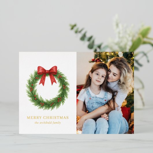 Waterverf Krans Foto Moderne Kerst Folie Feestdagenkaart (Staand Voorkant)