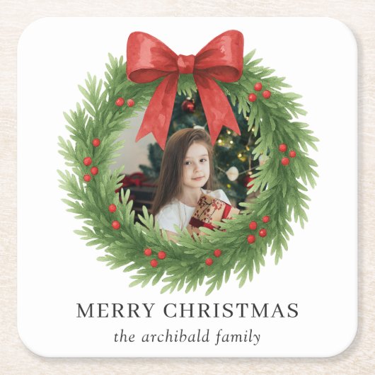 Waterverf Krans Foto Moderne Kerst Kartonnen Onderzetters (Voorkant)