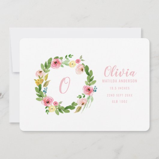 Waterverf krans geboorteaankondiging bedankkaart (Voorkant)