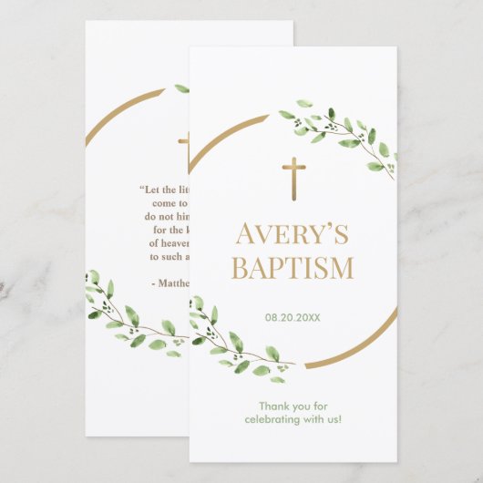 Waterverf krans Gouden kruis Doop Bladwijzer Bedankkaart (Voorkant / Achterkant)