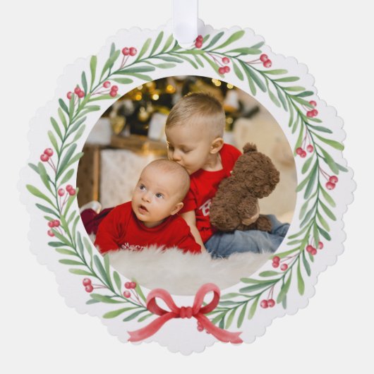 Waterverf Krans hulstbessen en groene bladeren Ornament Kaart (Voorkant)