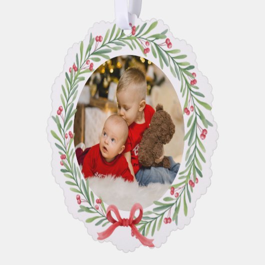 Waterverf Krans hulstbessen en groene bladeren Ornament Kaart (Links)