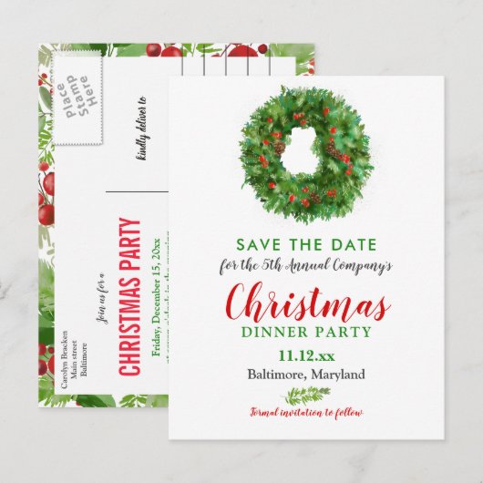 Waterverf Krans Kerstdiner | Feestdag Aankondigingskaart (Voorkant / Achterkant)