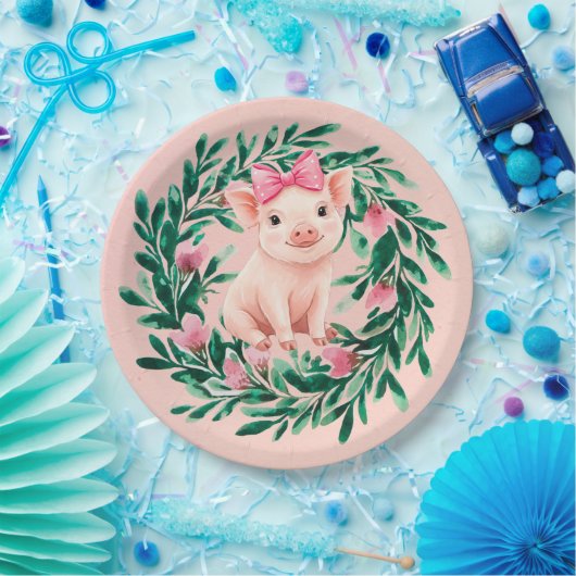 Waterverf Krans met Baby Pig Girl Baby shower Papieren Bordje (Feest)