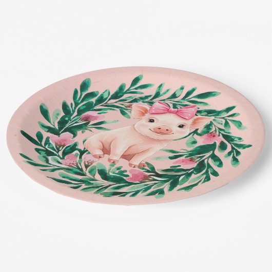 Waterverf Krans met Baby Pig Girl Baby shower Papieren Bordje (Gekanteld)