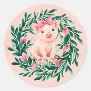 Waterverf Krans met Baby Pig Girl Baby shower Ronde Sticker