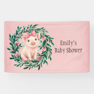 Waterverf Krans met Baby Pig Girl Baby shower Spandoek