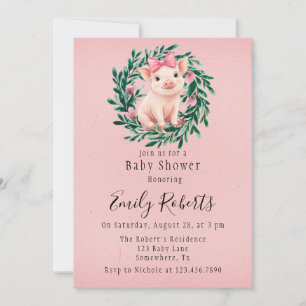 Waterverf Krans met Pig Girl Baby shower Kaart