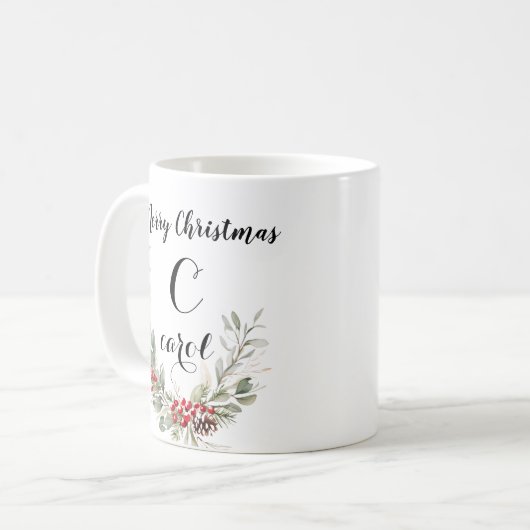 Waterverf Krans Monogram en Kerstscript Koffiemok (Voorkant links)
