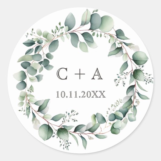 Waterverf krans Monogram Ronde bruiloft Sticker (Voorkant)