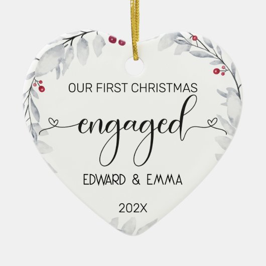 Waterverf krans onze eerste kerst verloofd keramisch ornament (Voorkant)